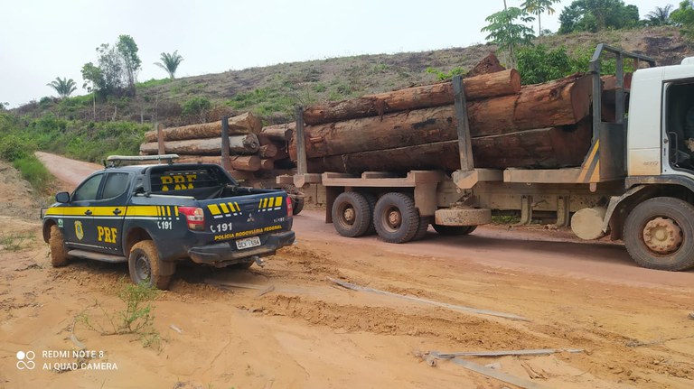 PRF apreende caminhão com carregamento ilegal de madeira na BR-422
